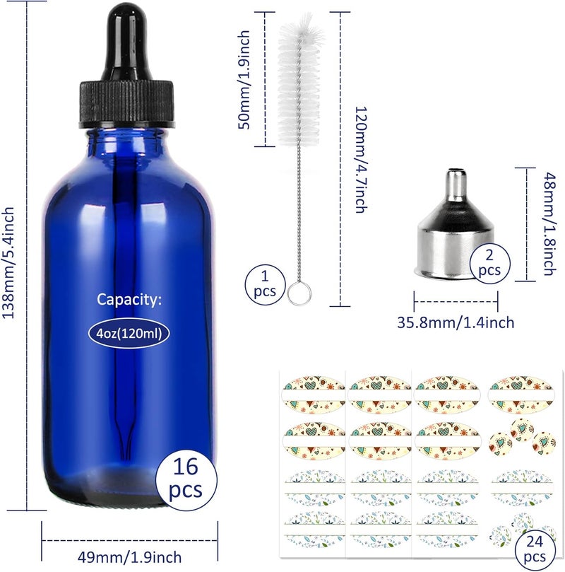 CycleMore 16 Pack (120 ml) 4 oz Blue Boston Bottles with Glass Eye Droppers, Glass Dropper Bottles for Essential Oils & Lab Chemicals & More Liquids Ideal for Mom & Friends - Image 2